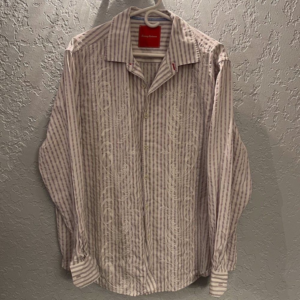 Men’s ‘Tommy Bahama’ Striped Button-Up Shirt w/ White Floral Embroidery
